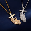 New Praying Hands & Cross Pendant Necklace — Unisex, Trendy, and Retro-European Style with Full Micro-Pavé Zirconia Setting