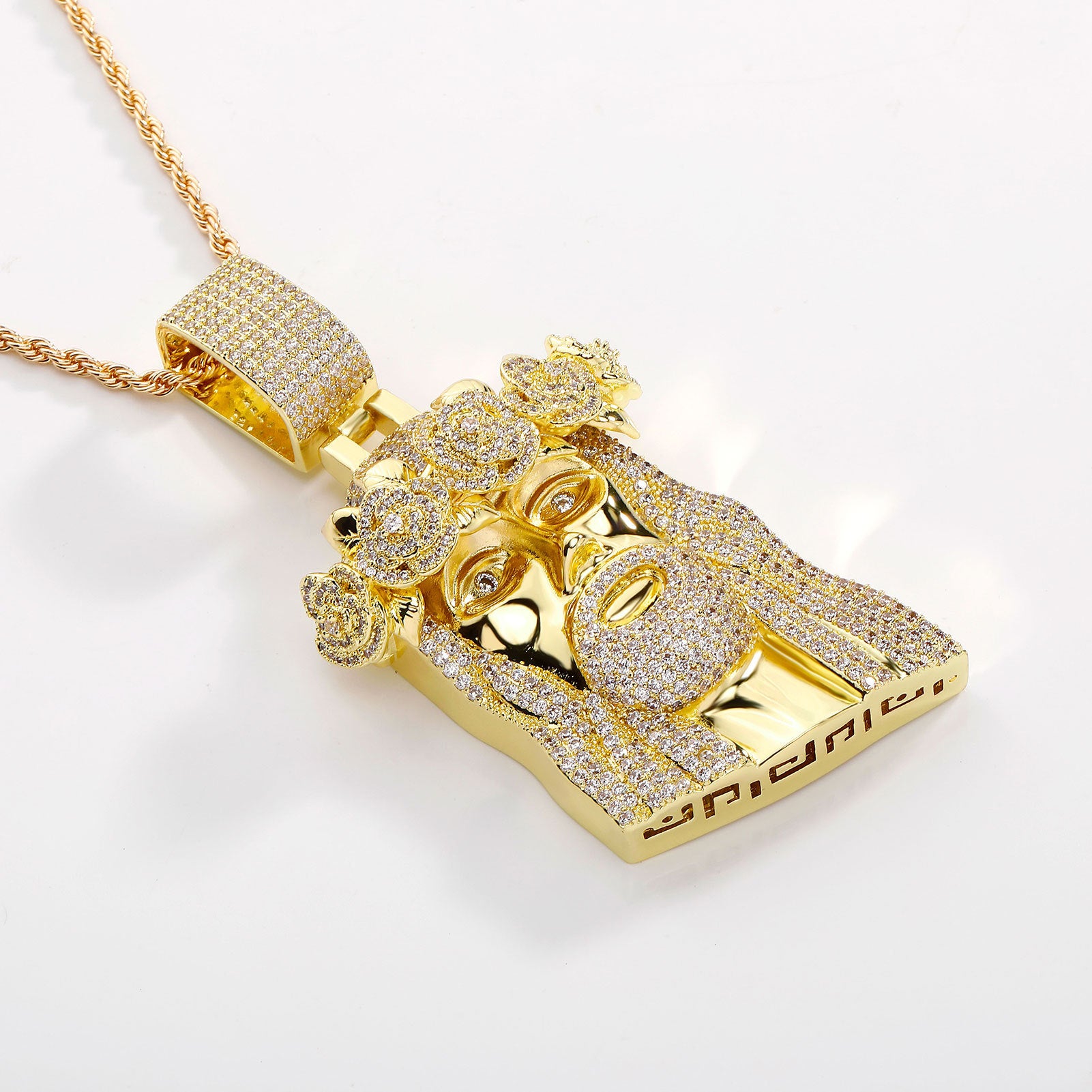Edgy "Old Man's Head" & Rose Design Pendant — Western-Style Hip-Hop Men's Streetwear Necklace with Zircon Accent